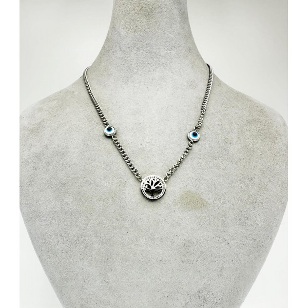 Gümüş Ağaç Deseni Nazar Boncuklu Kolye